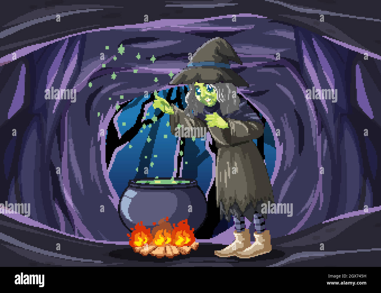 Wizard or witch with magic pot on dark cave scene Stock Vector