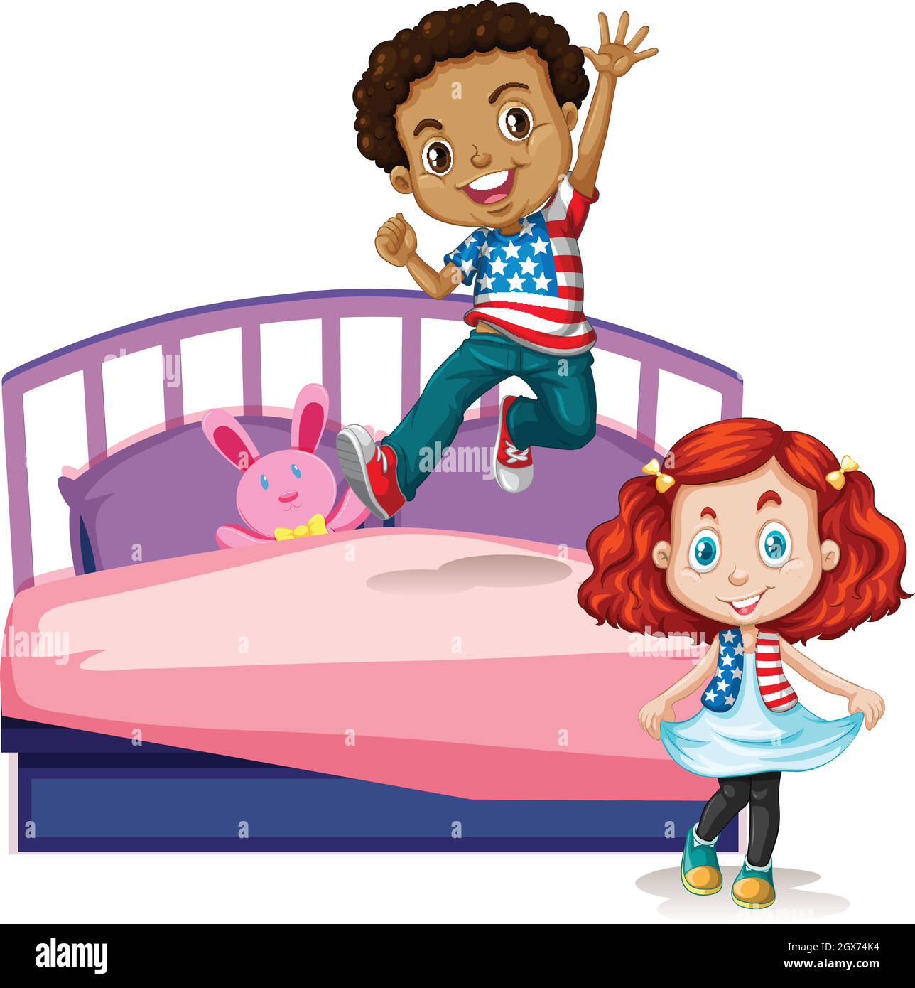 Boy and girl jumping on bed Stock Vector