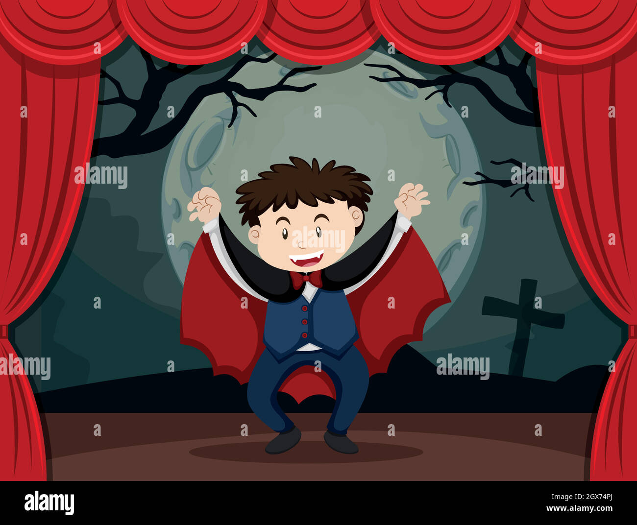 Stage play with boy in vampire costume Stock Vector
