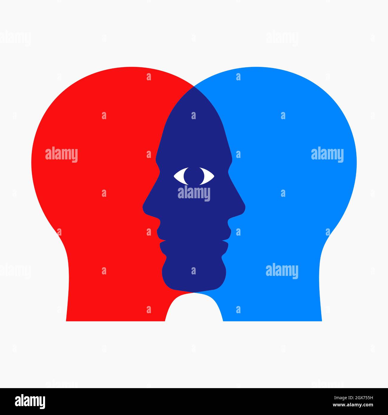Two overlapping man faces, looking through each other with one shared eye. Psychological concept vector illustration. Stock Vector