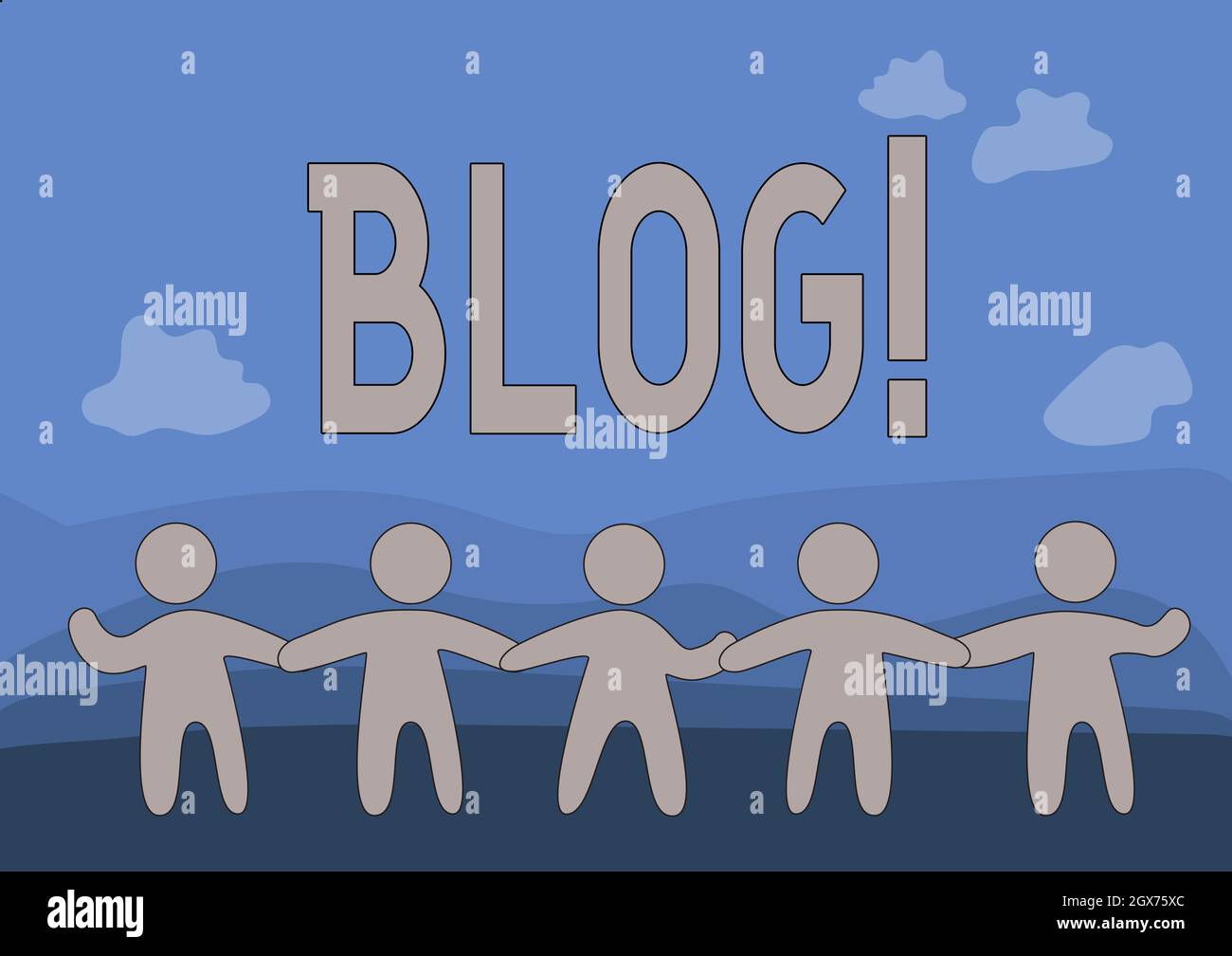 Conceptual display Blog. Word for regularly updated website web page run by individual or group Five Standing People Drawing Holding Hands Showing Stock Photo