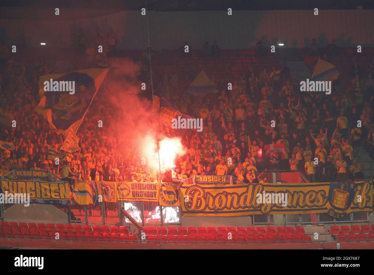 Fans of Brondby with red smoke during the UEFA Europa League, Group A  football match between Olympique Lyonnais and Brondby IF on September 30,  2021 at Groupama stadium in Decines-Charpieu near Lyon,