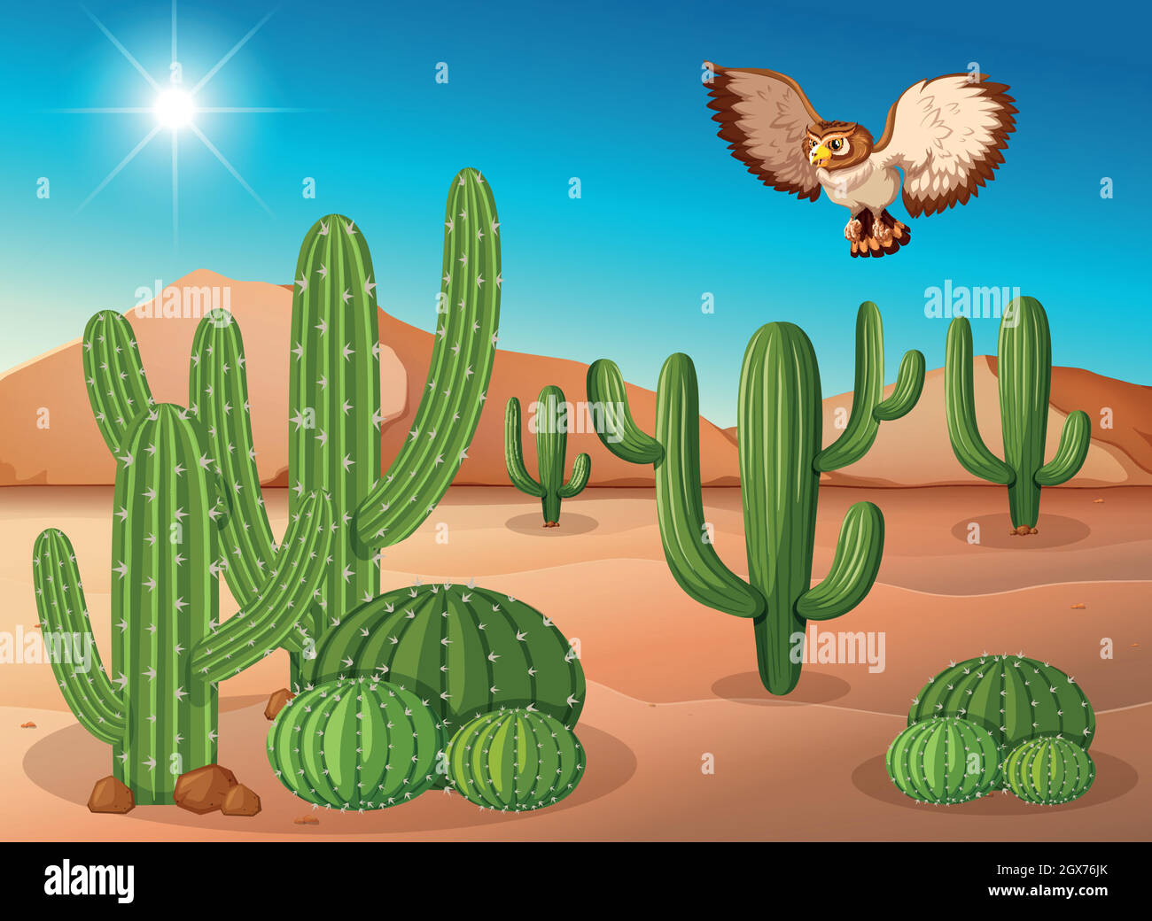 Owl flying over cactus in desert Stock Vector