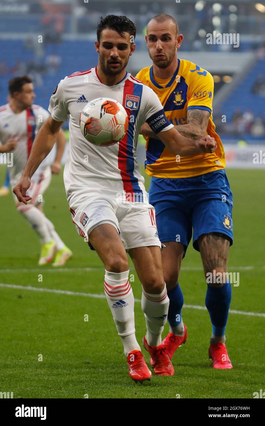 Leo DUBOIS of Lyon and Jens Martin GAMMELBY of Brondby during the UEFA  Europa League, Group A football match between Olympique Lyonnais and Brondby  IF on September 30, 2021 at Groupama stadium