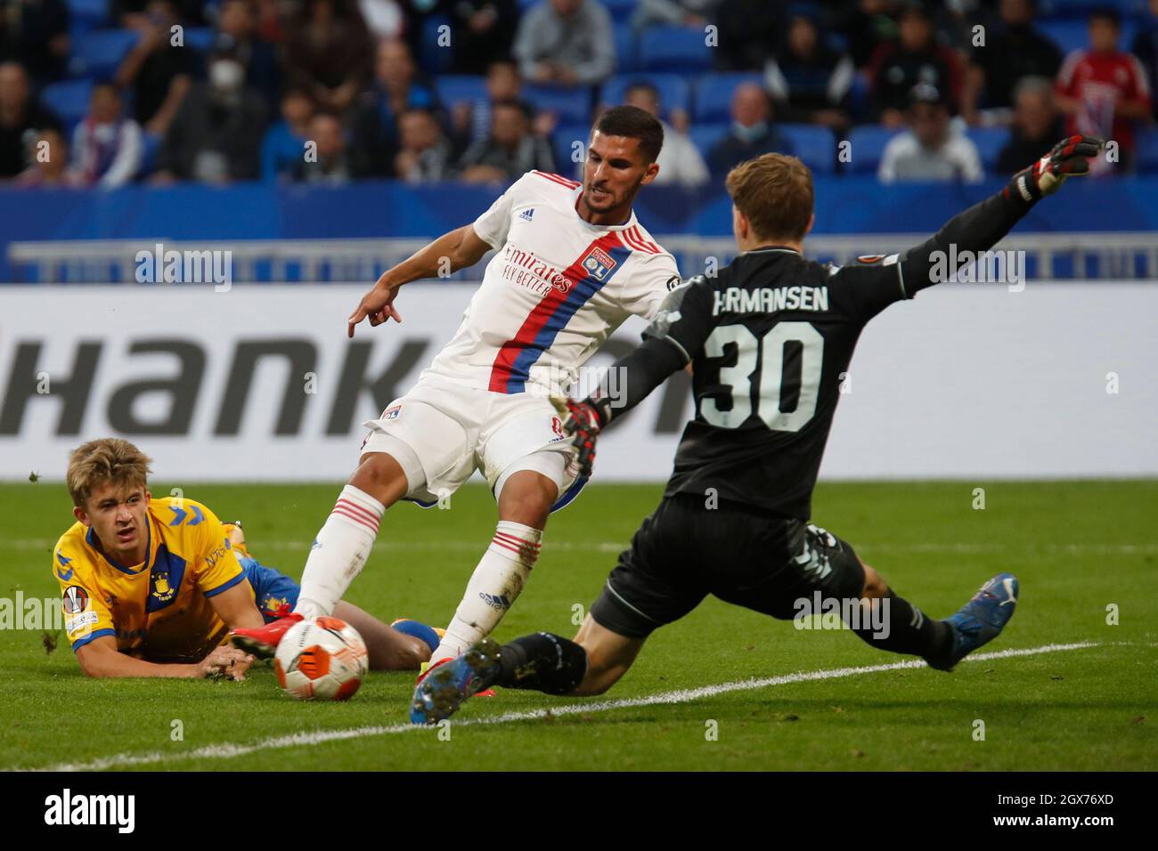 Houssem AOUAR of Lyon and Mads HERMANSEN of Brondby and Henrik HEGGHEIM of  Brondby during the UEFA Europa League, Group A football match between  Olympique Lyonnais and Brondby IF on September 30,