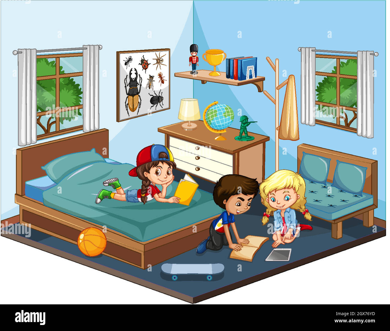 Kids in the bedroom in blue theme scene on white background Stock ...