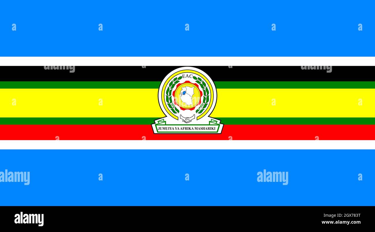 Minsk, Belarus - May, 2021: Flag of East African Community waving in the wind at flagpole on background of blue sky. 3d illustration. Stock Photo