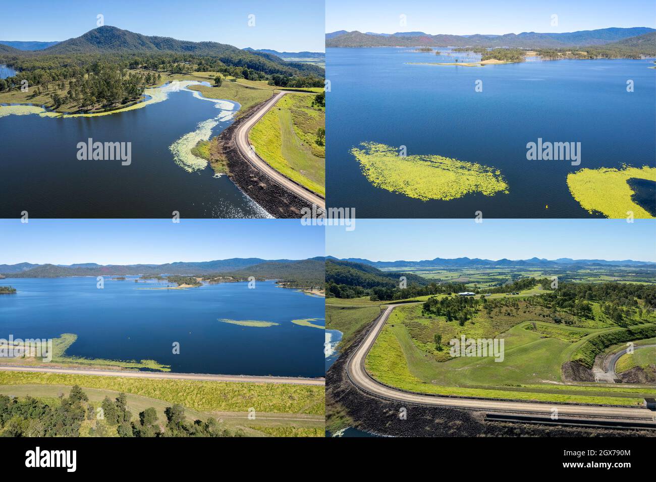 Collage of colorful images of water catchment area and wall of Teemburra Dam, Mackay, Queensland