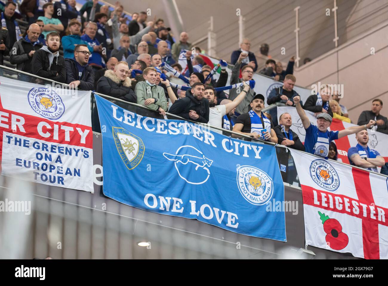 Supporters of Leicester City FC are seen during the UEFA Europa League Group Stage match between Legia Warszawa and Leicester City FC at Marshal Jozef Pilsudski Legia Warsaw Municipal Stadium.Final score; Legia Warszawa 1:0 Leicester City FC. Stock Photo