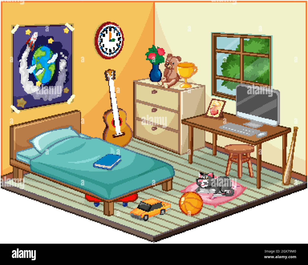 Part of bedroom of children scene in cartoon style Stock Vector