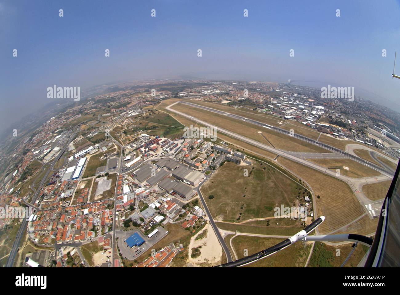 Aerial view of Lisbon from a helicopter with fish eye lens Stock Photo
