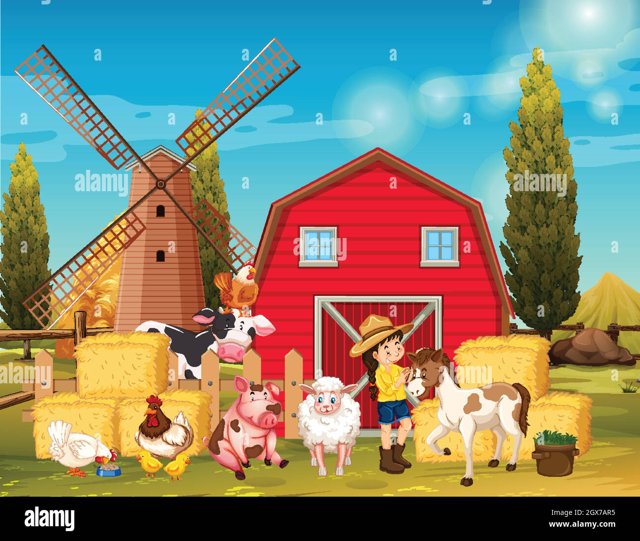 Farm scene with windmill and animals on the farm Stock Vector