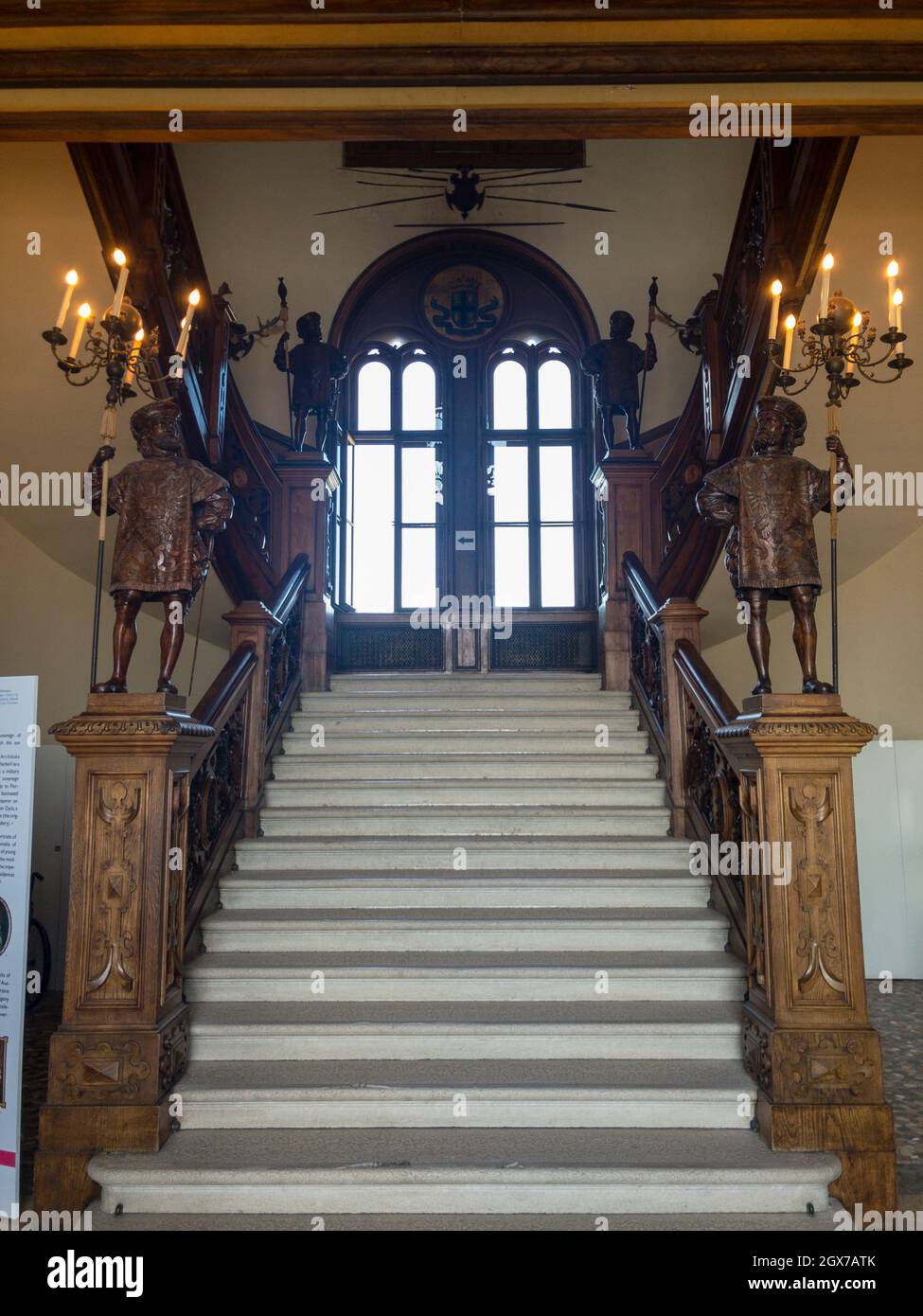 Entrance staircase leading to the upper floors of the Miramare castle near Trieste. Interior design. Historical museum. 09-05-2021. Italy Stock Photo