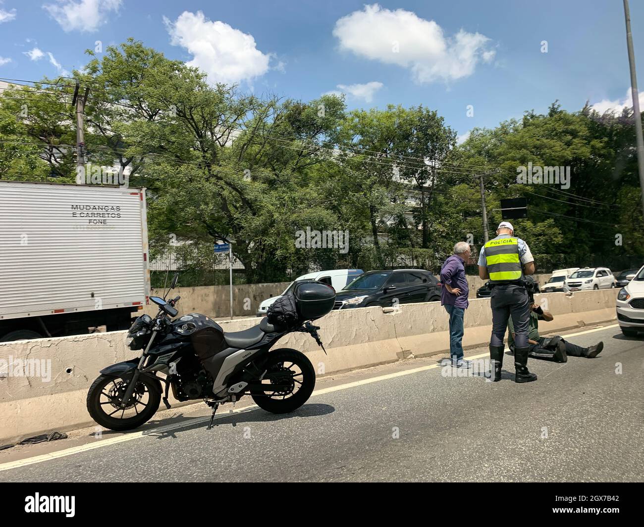 Marginal Tietê, São Paulo Brazil. Motorbike accident for traffic on the road. Victim without major axes. Stock Photo