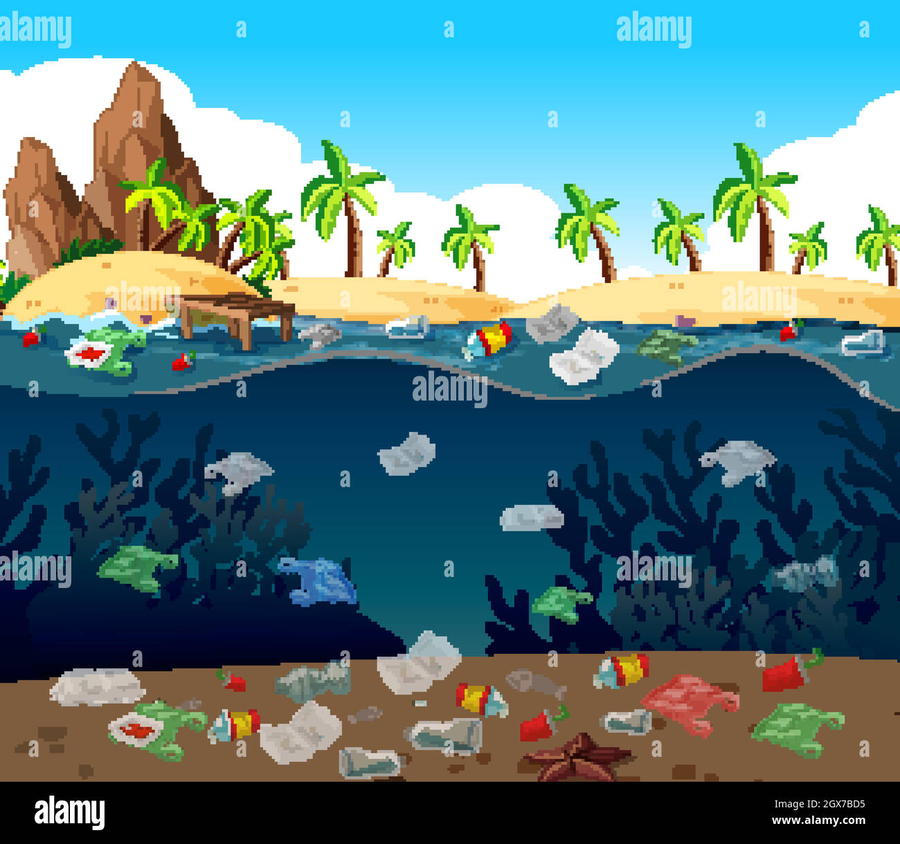 Water pollution with plastic bags in ocean Stock Vector