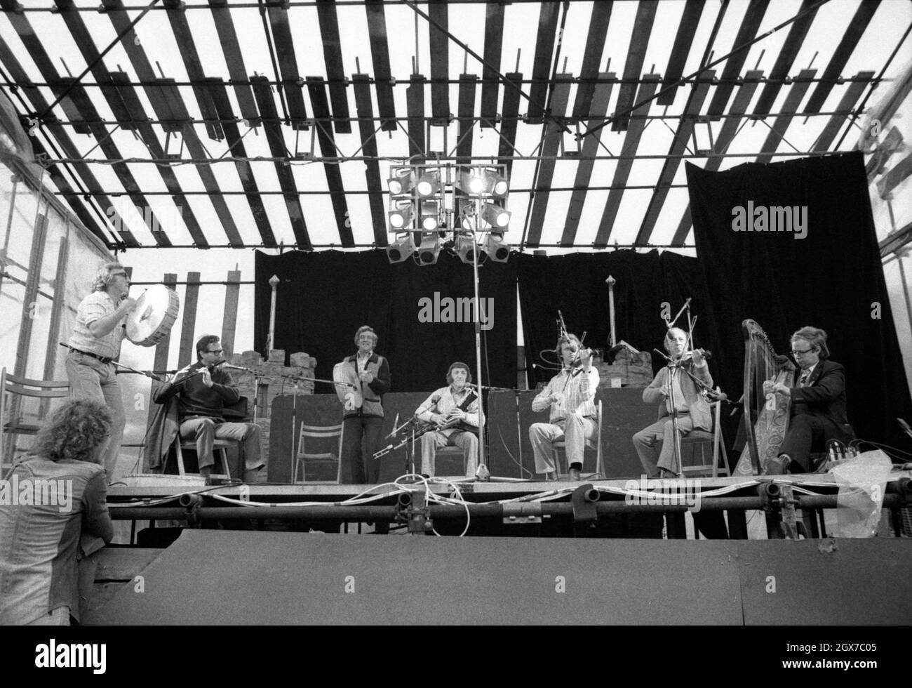 Irish folk band The Chieftains performlng at the July Wakes folk festival in Chorley, Lancashire, England on 25 July 1976. Stock Photo