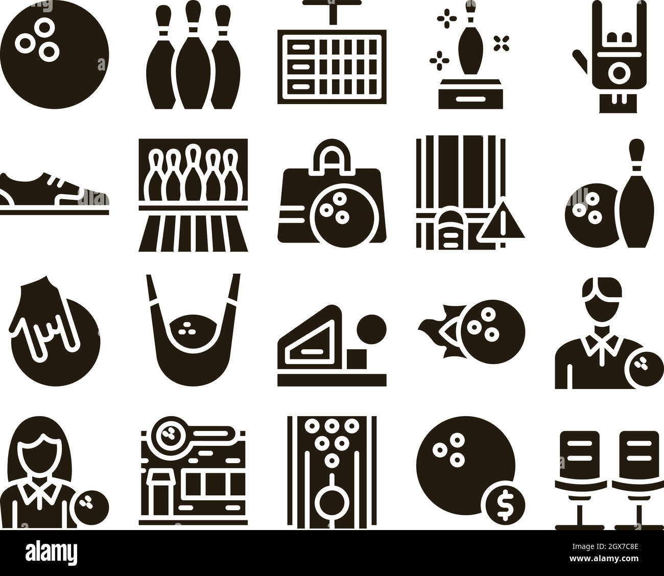 Bowling Game Tools Glyph Set Vector Stock Vector