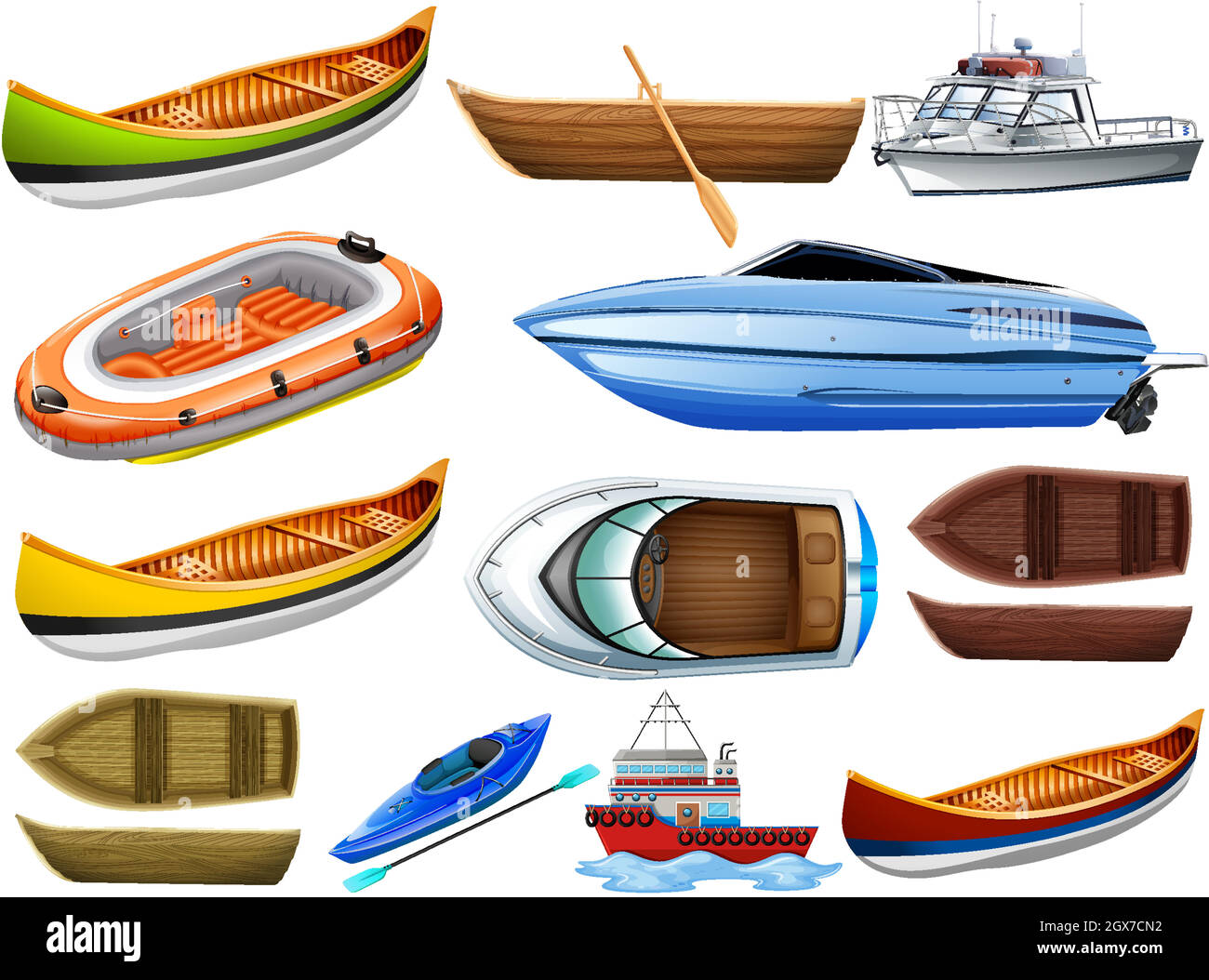 Set of different kind of boats and ship isolated on white background