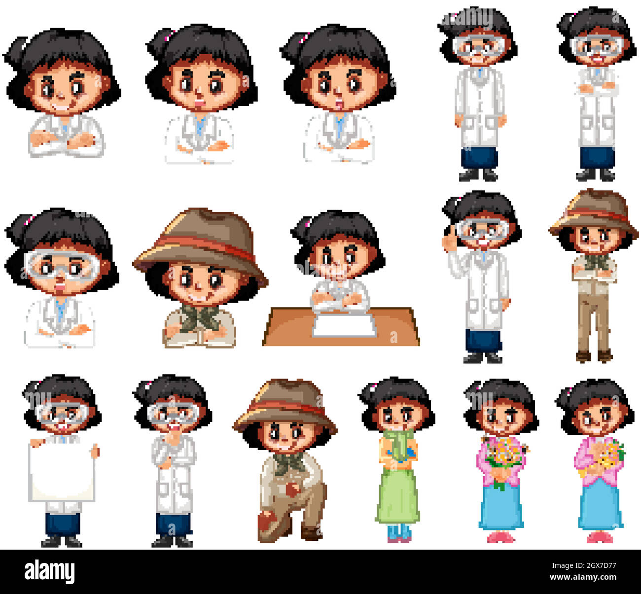 Set of black hair girl in different costumes on white background Stock Vector