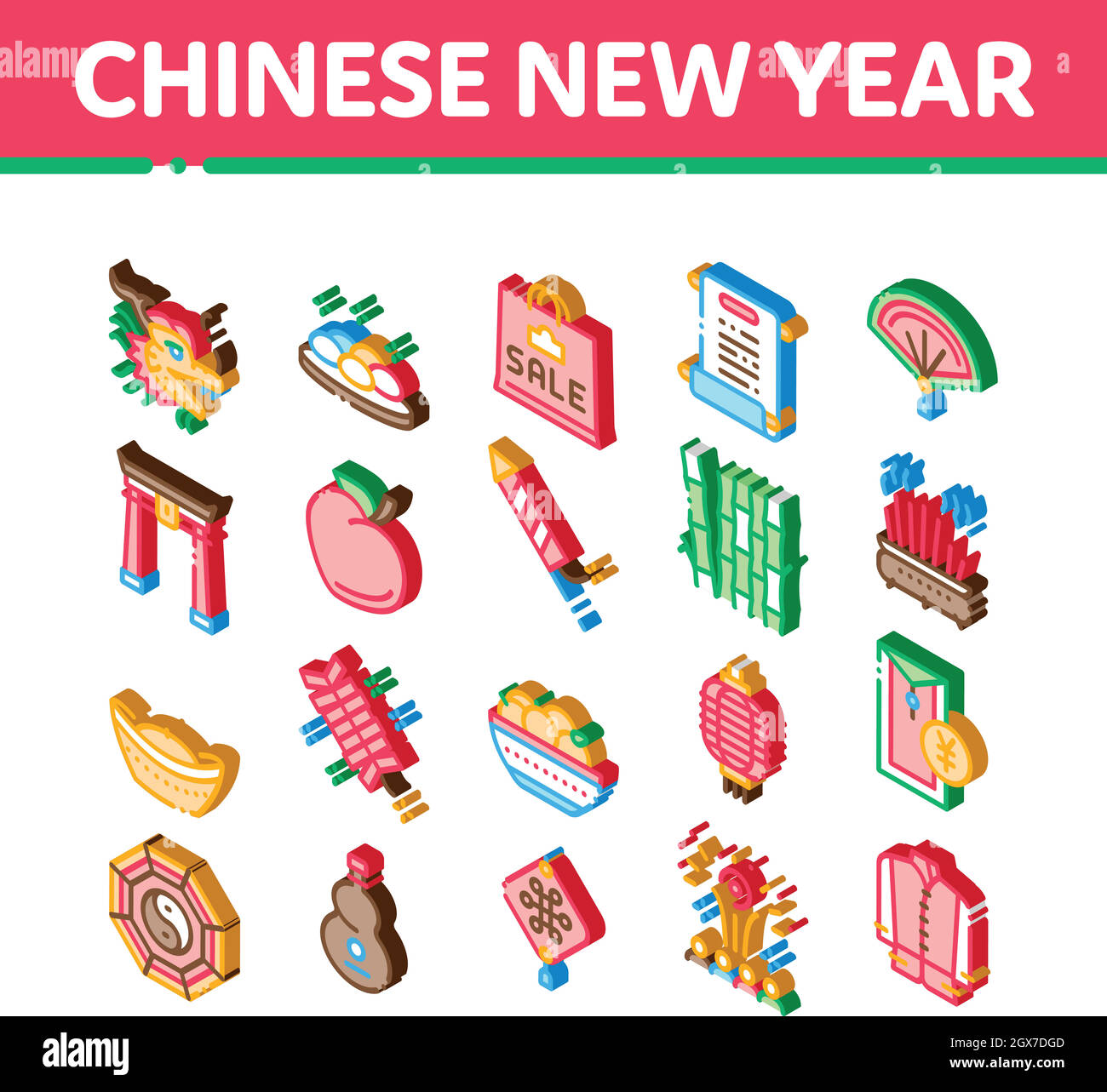 Chinese New Year Feast Isometric Icons Set Vector Stock Vector