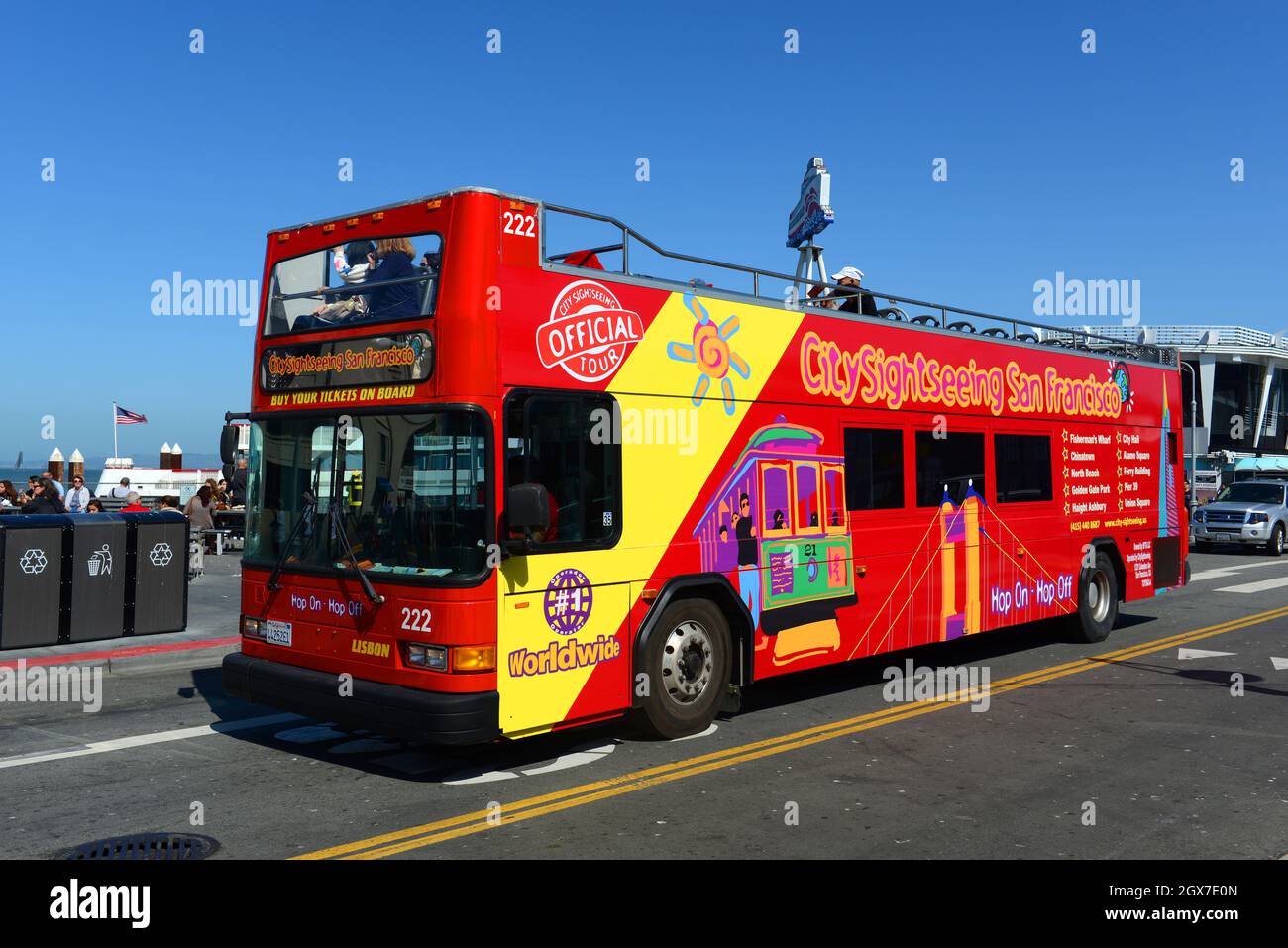 City Sightseeing double decker tour bus at Fisherman's Wharf in San