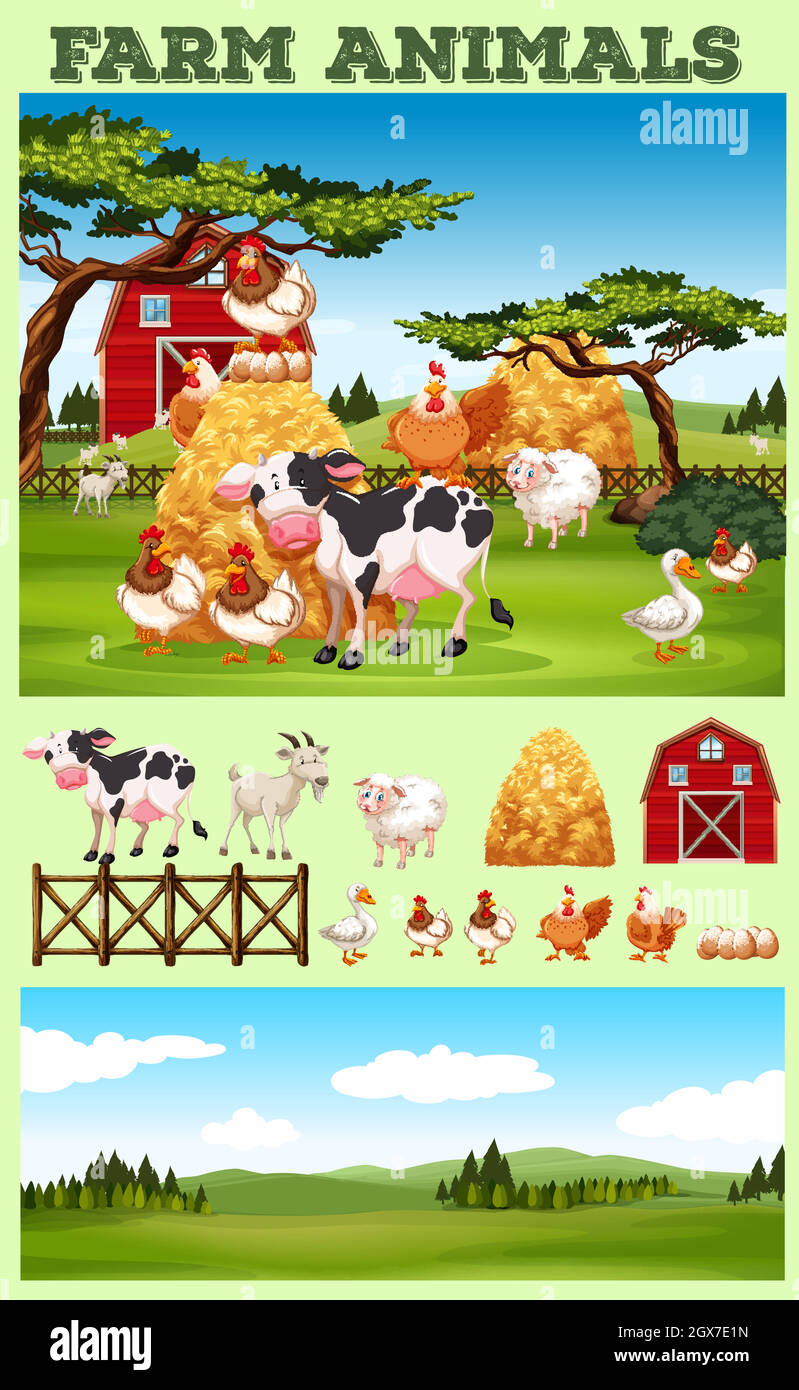 Farm theme with animals and field Stock Vector