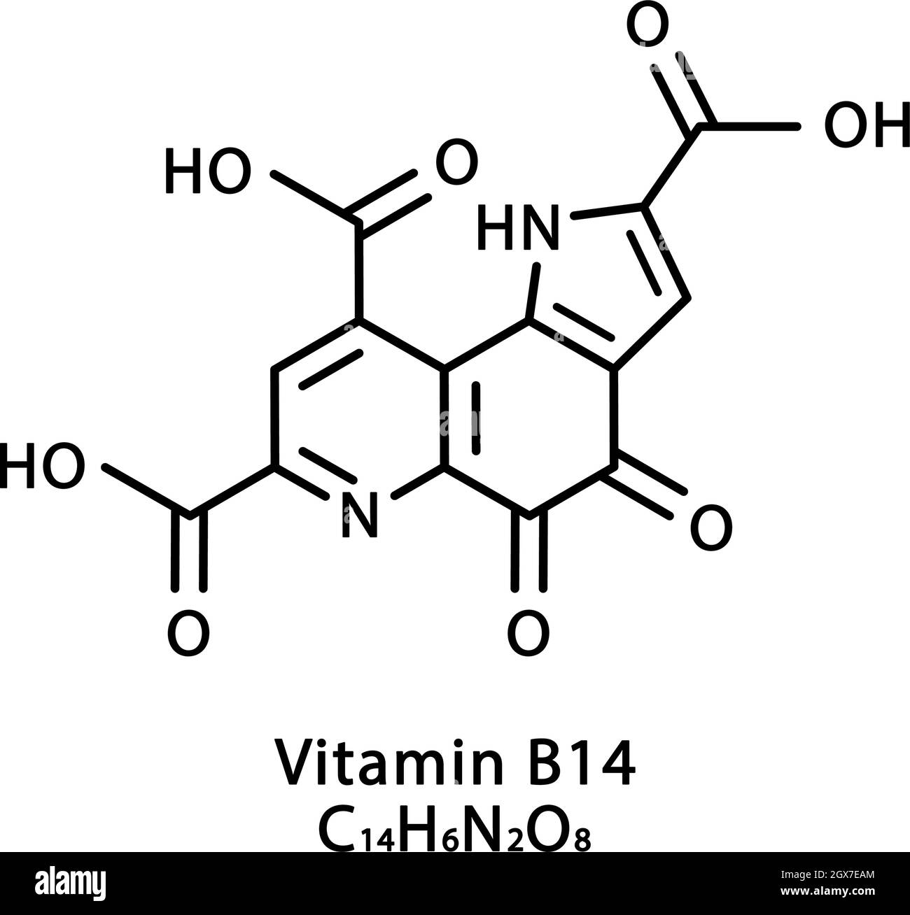 Vitamin B14 Pyrroloquinoline quinone molecular structure. Vitamin B14 Pyrroloquinoline quinone skeletal chemical formula. Chemical molecular formulas Stock Vector