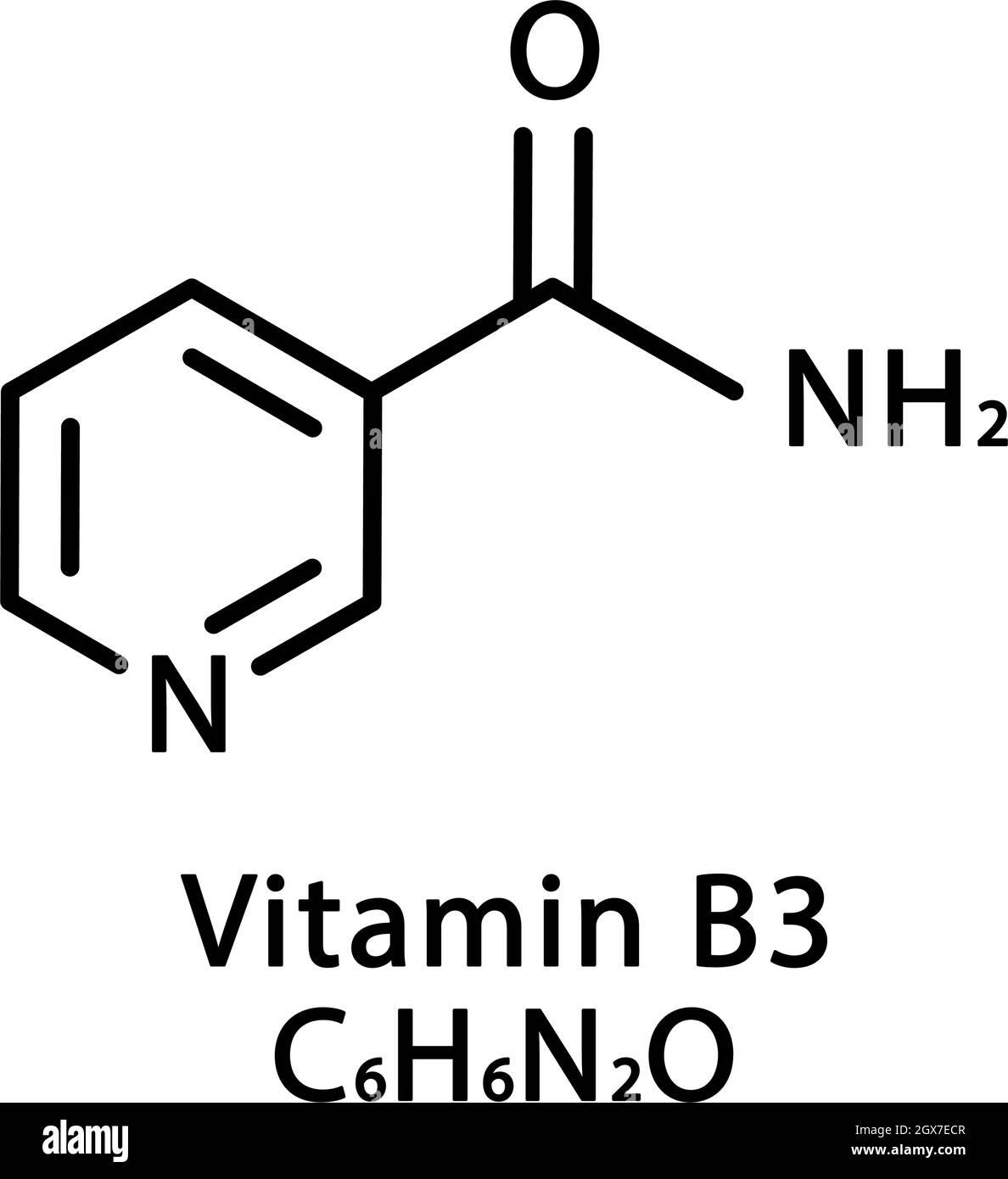 Vitamin B3 Nicotinamide molecular structure. Vitamin B3 Nicotinamide skeletal chemical formula