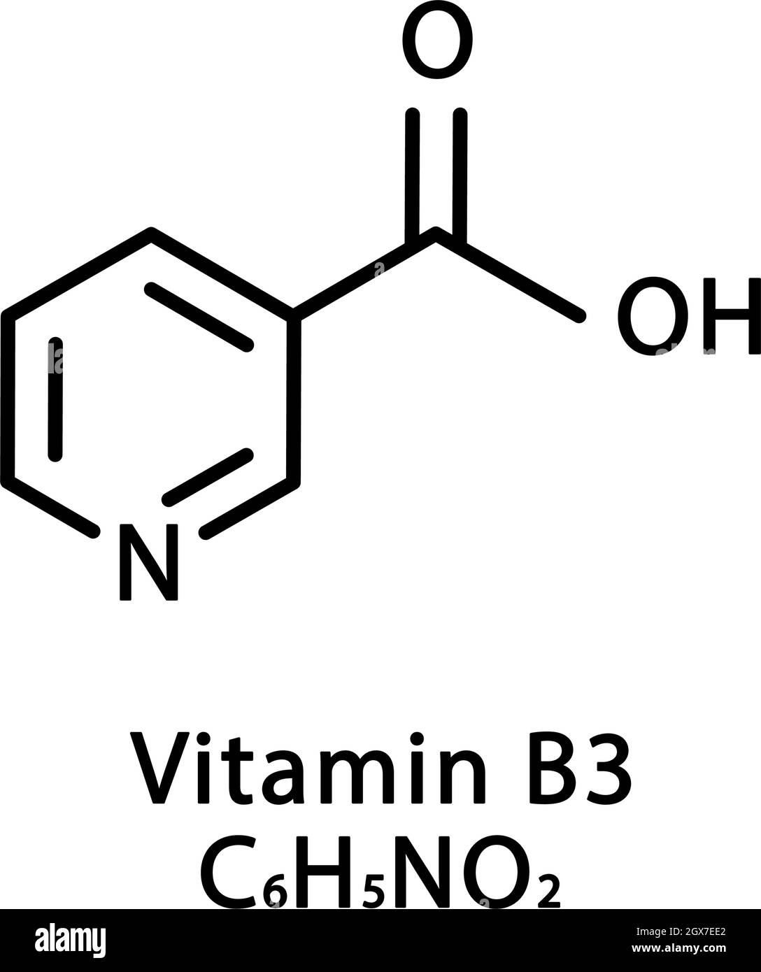 Vitamin B3 Niacin molecular structure. Vitamin B3 Niacin skeletal chemical formula. Chemical molecular formulas Stock Vector