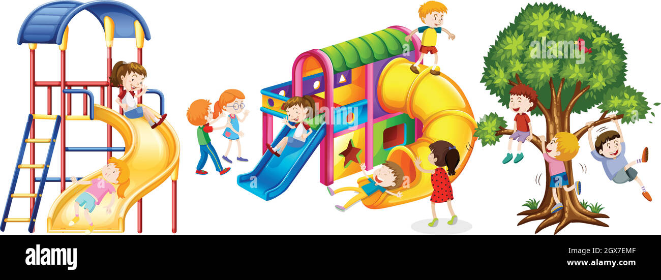 Kids playing on slides Stock Vector