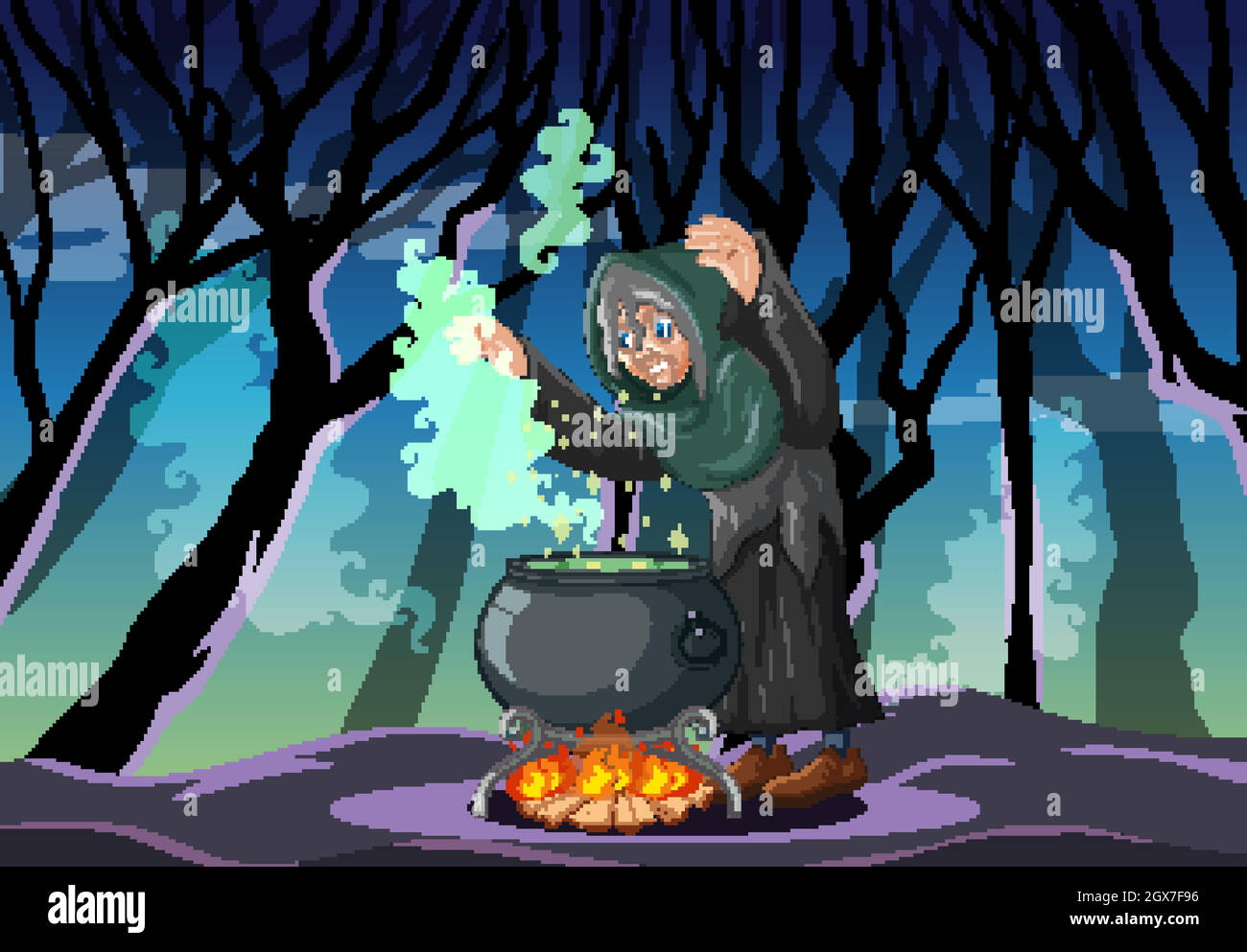 Wizard or witch with magic pot on dark forest scene Stock Vector