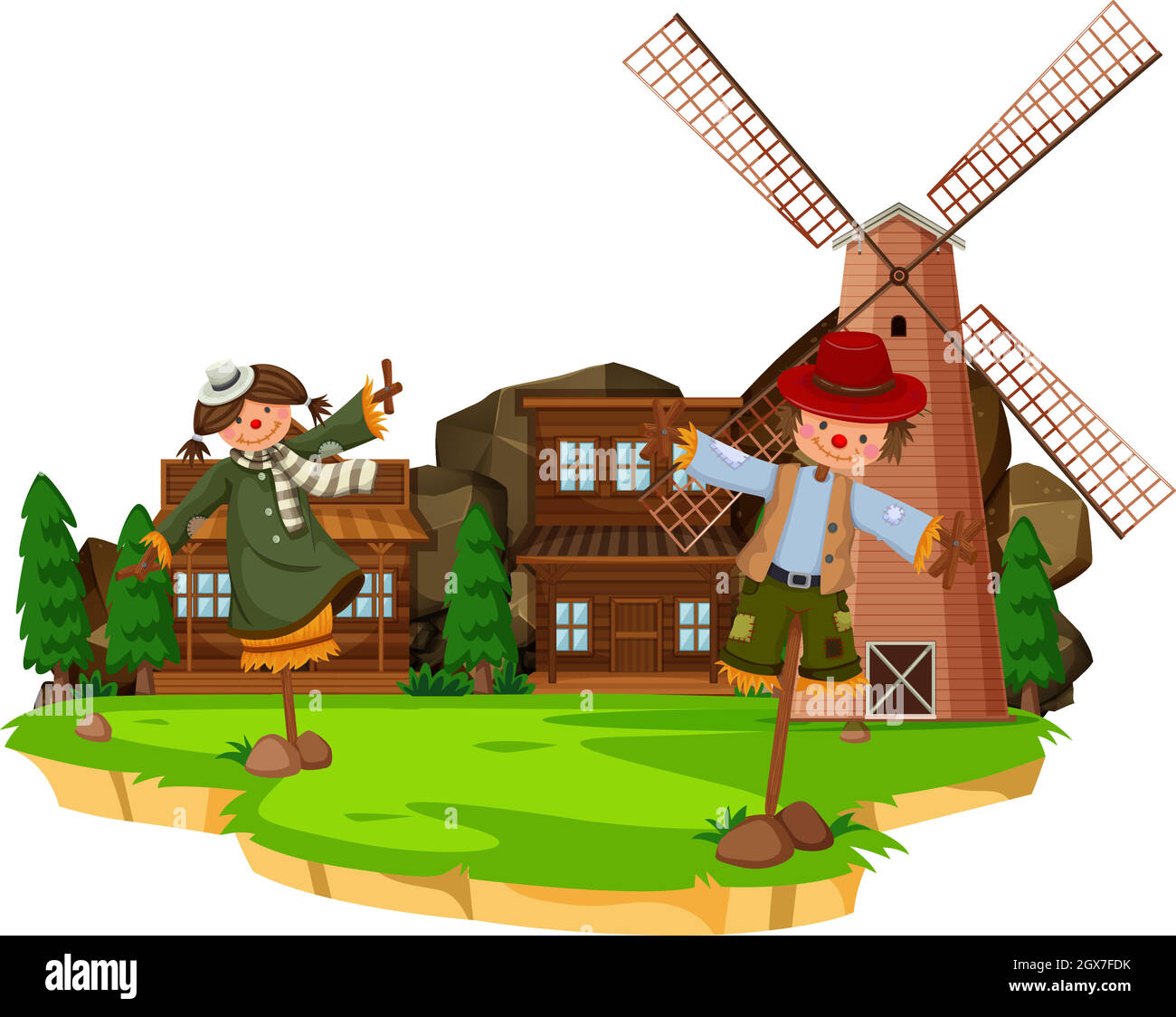 Western farm scene with scarecrows and windmill Stock Vector