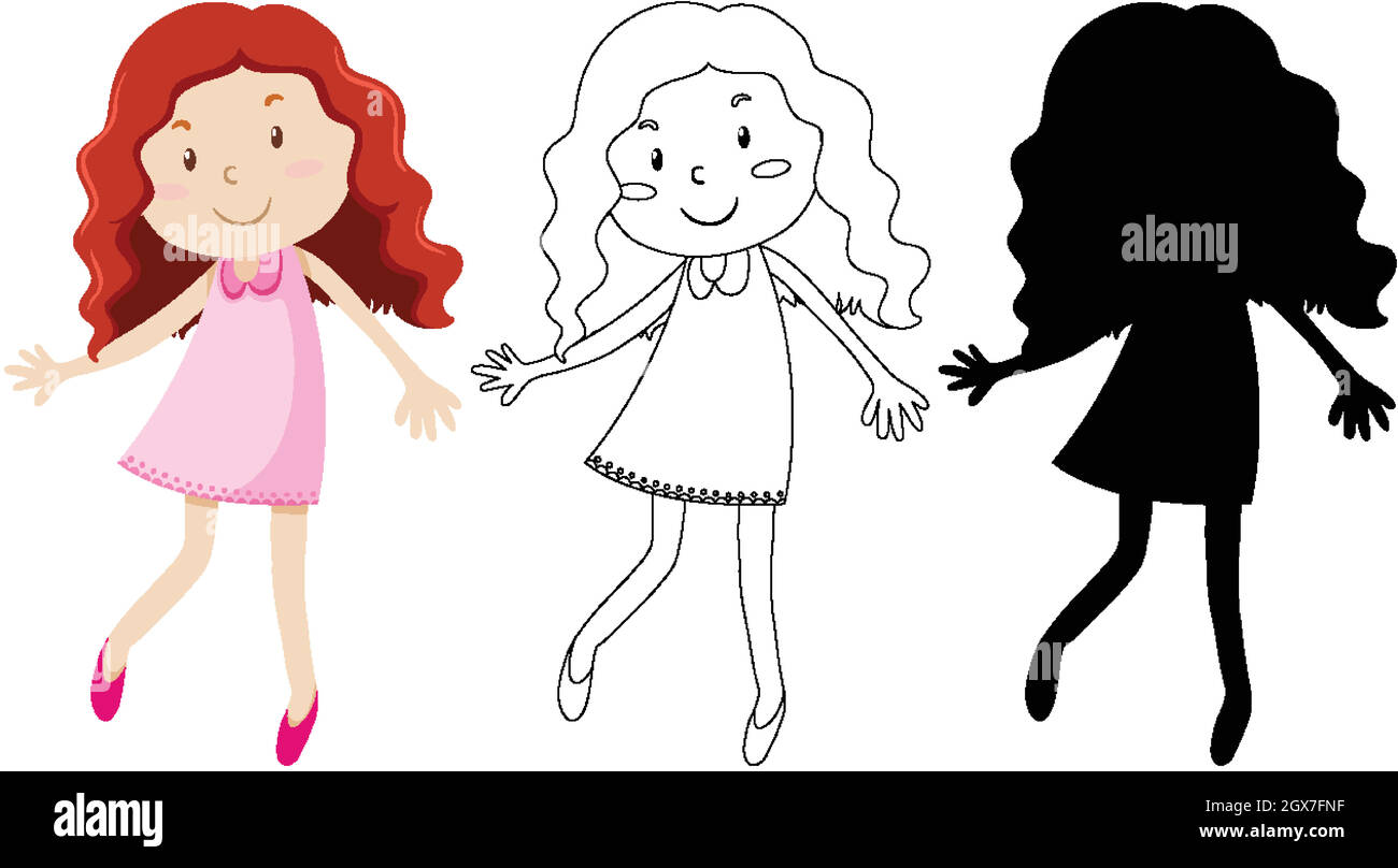 Cute curl hair girl in colour and outline and silhouette Stock Vector