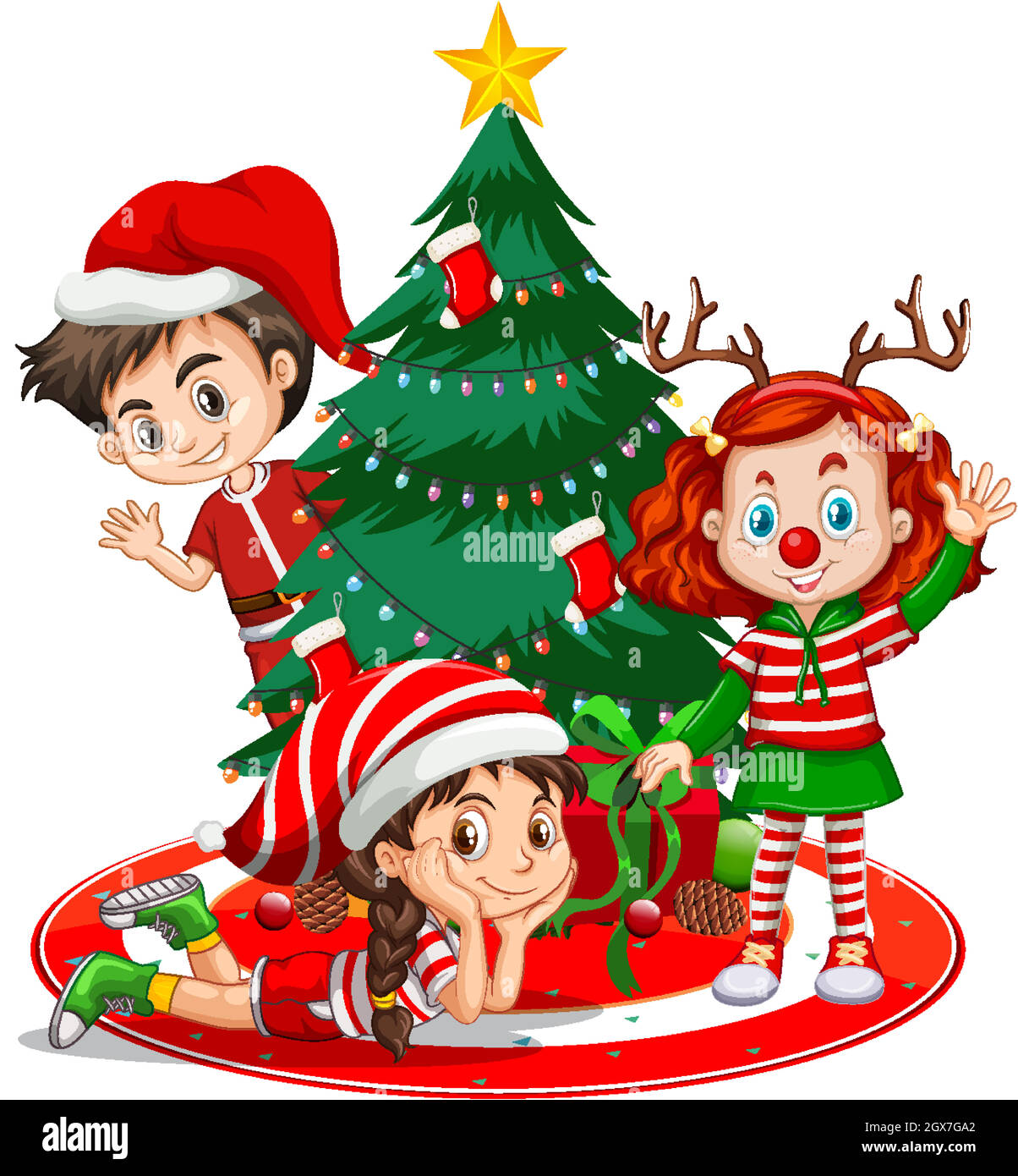 Children wear Christmas costume cartoon character with Christmas tree