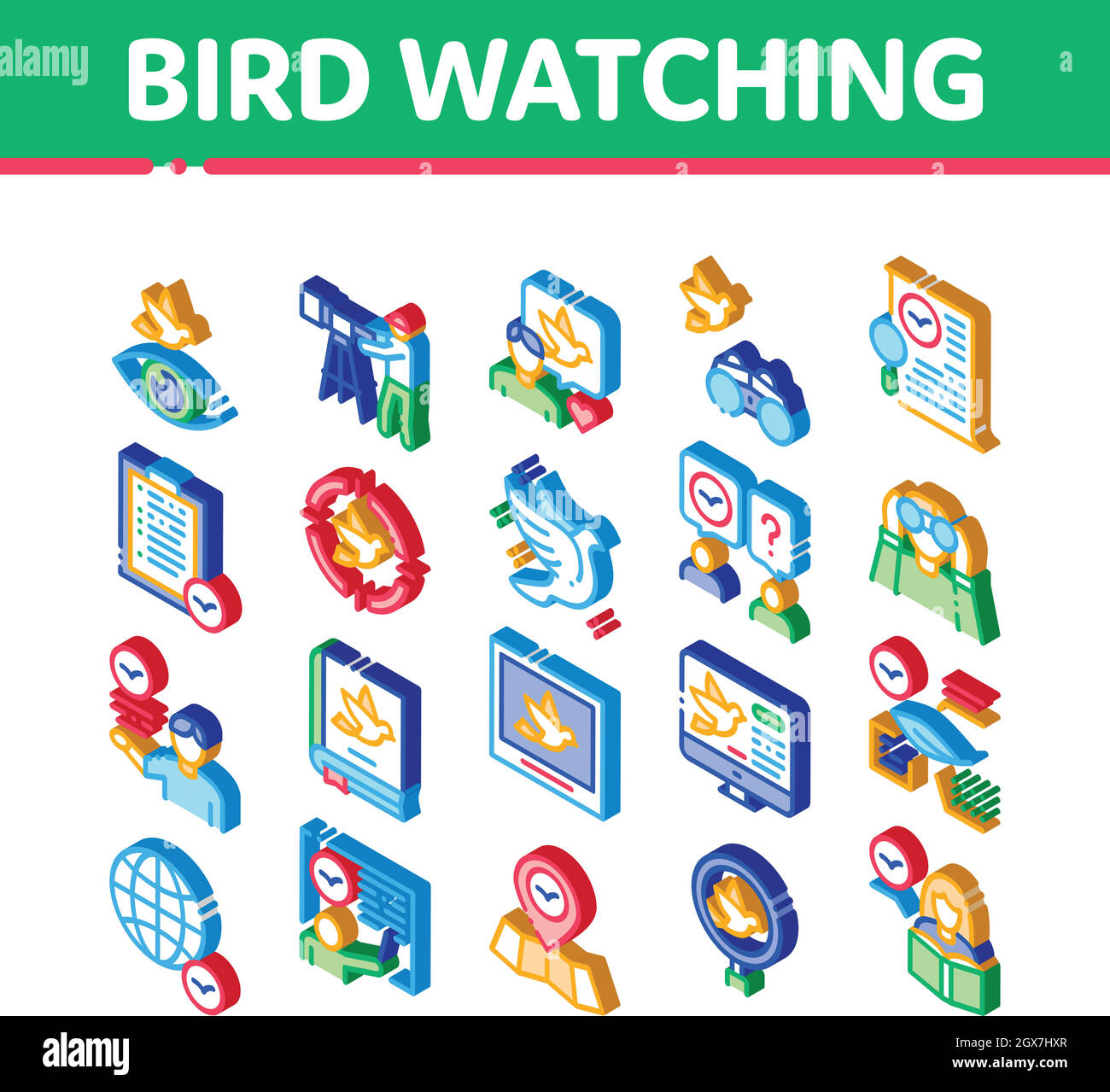 Bird Watching Tourism Isometric Icons Set Vector Stock Vector