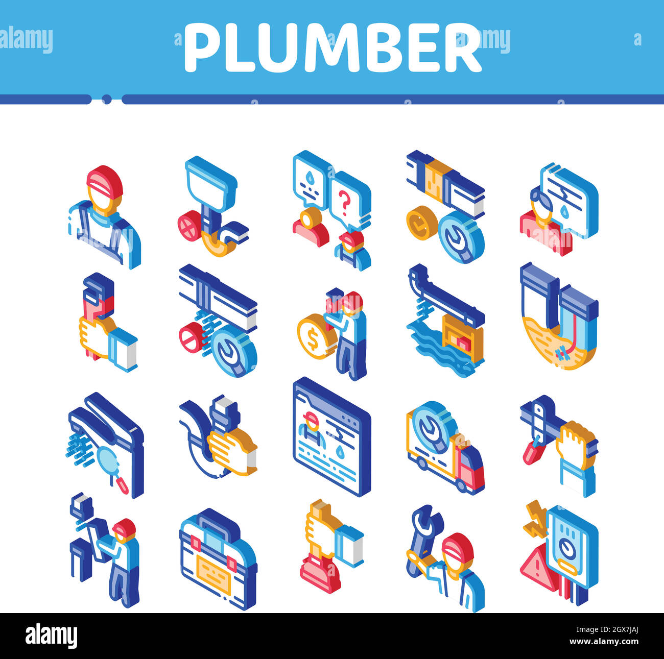 Plumber Profession Isometric Icons Set Vector Stock Vector
