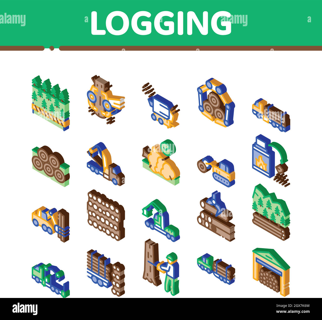 Wood Logging Industry Isometric Icons Set Vector Stock Vector