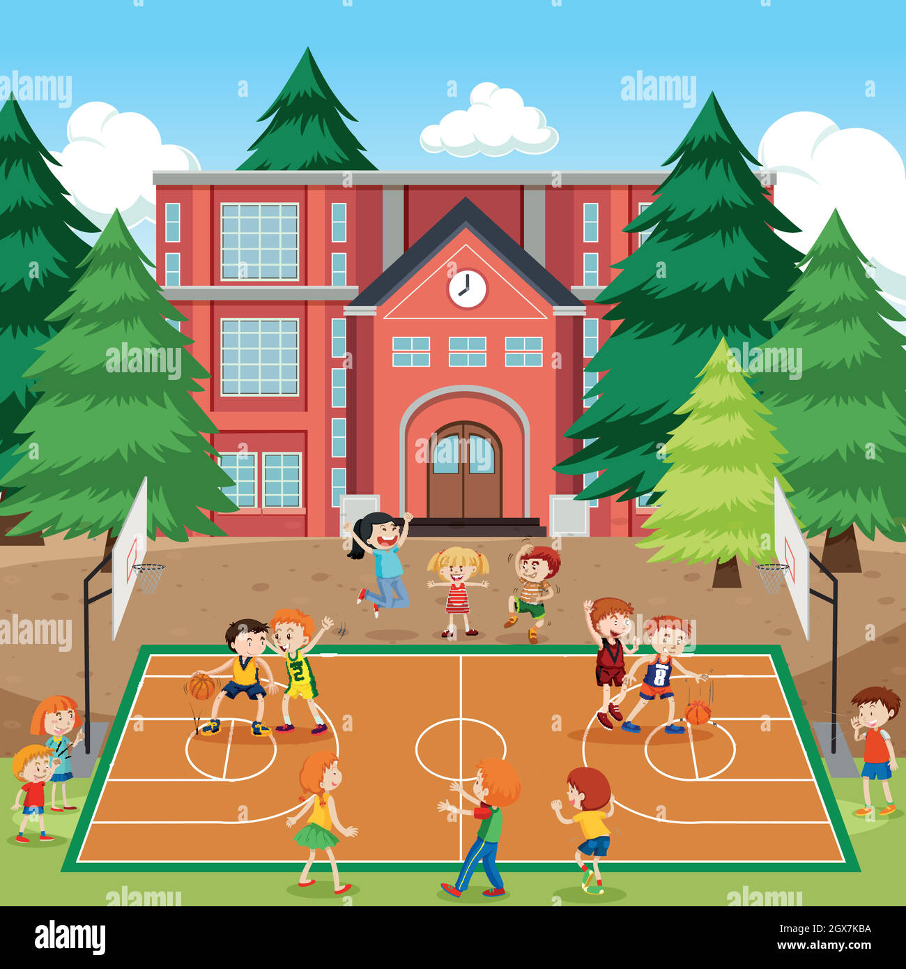 Children playing basketball scene Stock Vector