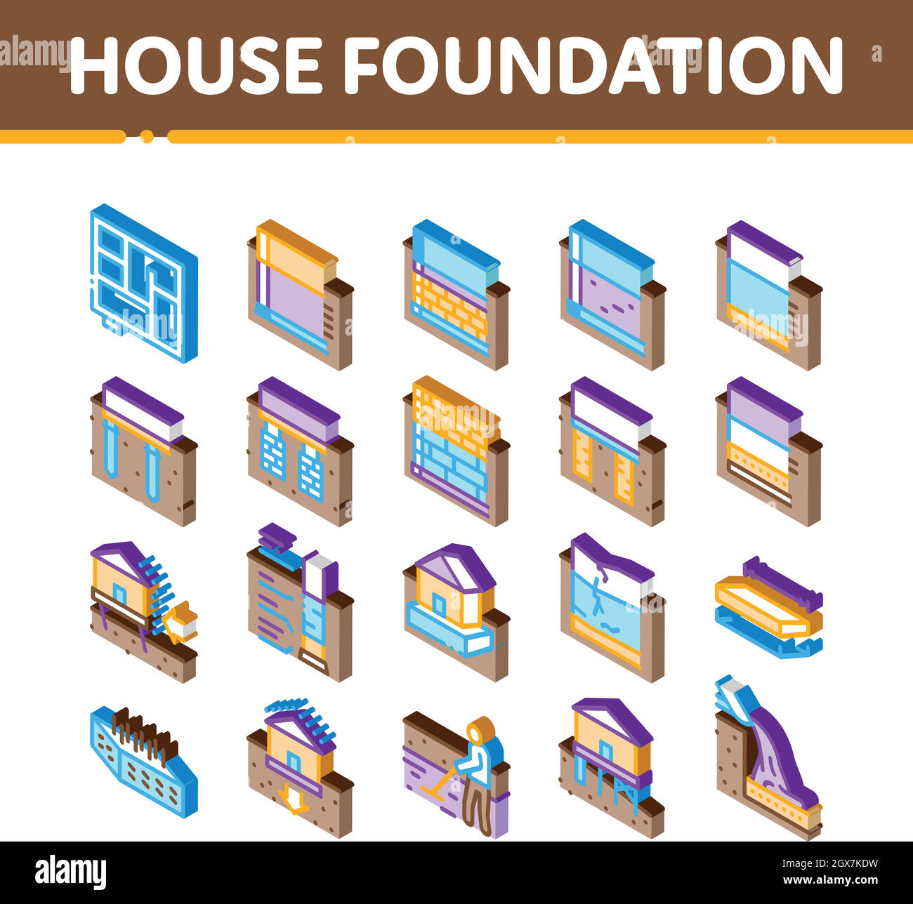 House Foundation Base Isometric Icons Set Vector Stock Vector