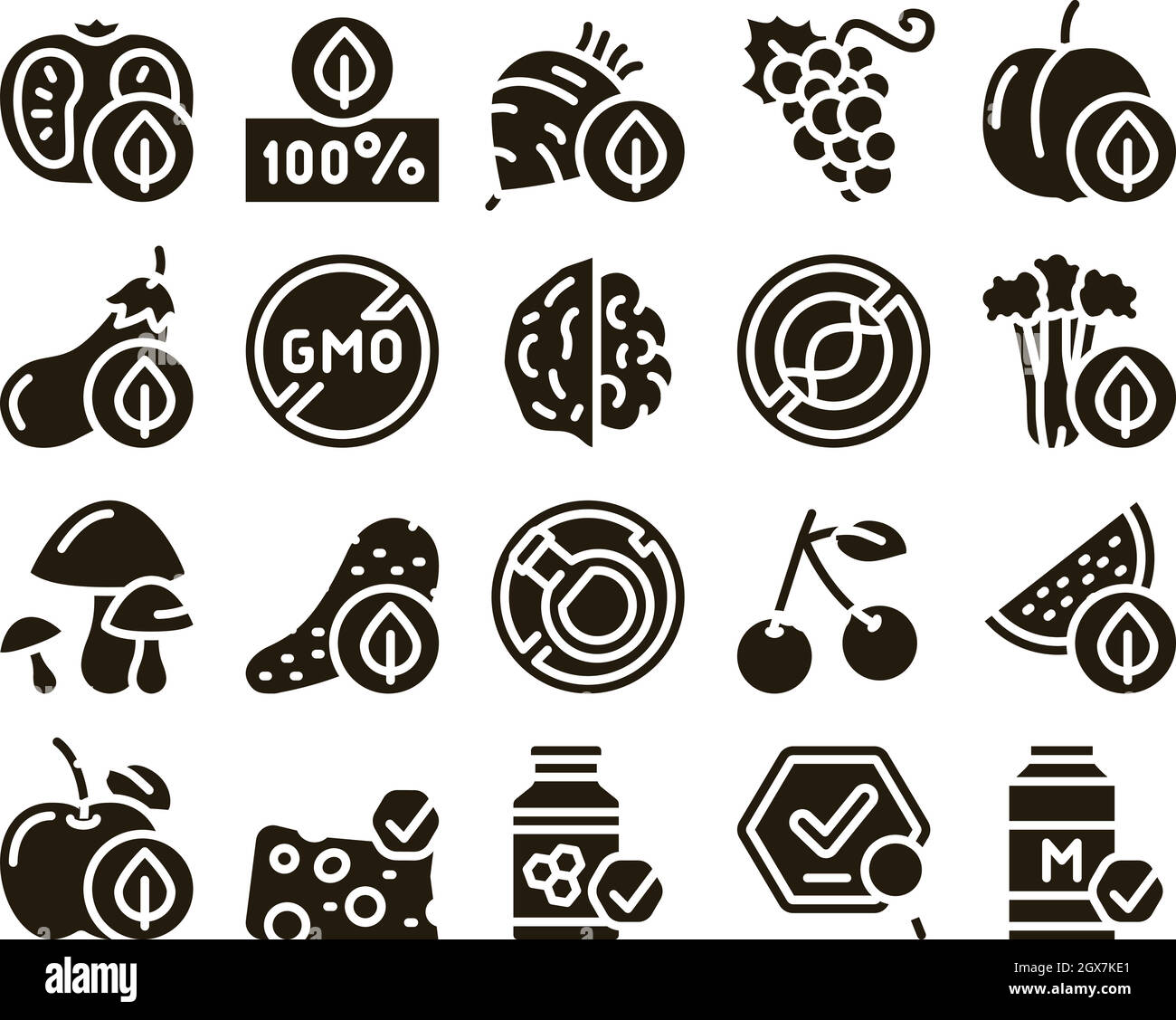 Organic Eco Foods Glyph Set Vector Stock Vector