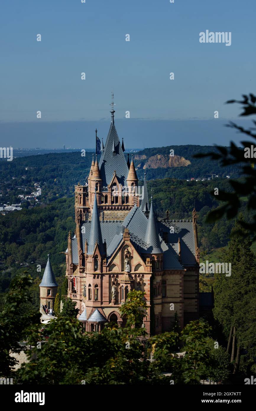 the romantic castle Drachenburg in the woods of the seven mountains near bonn Stock Photo