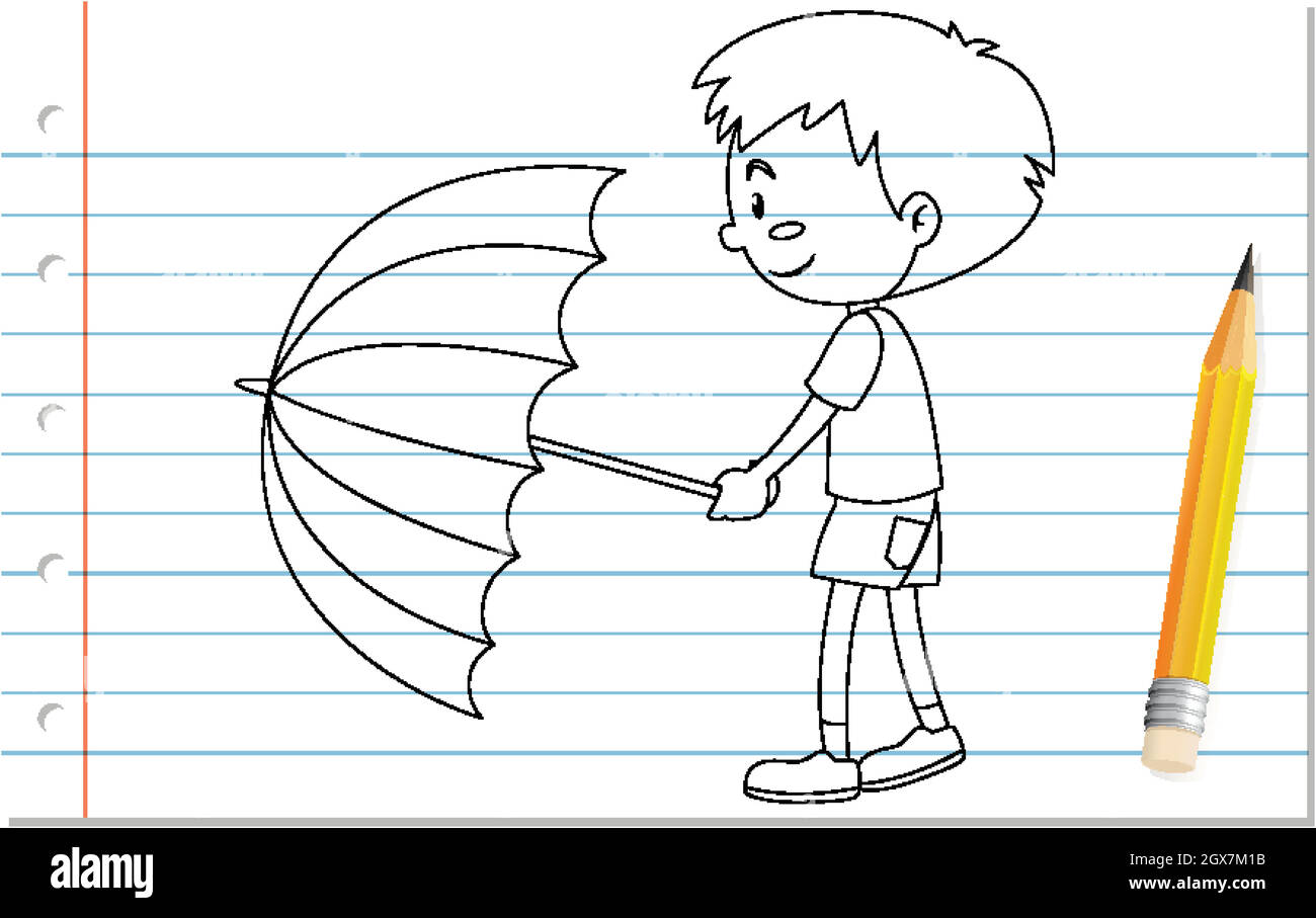 Hand writing of boy holding umbrella outline Stock Vector