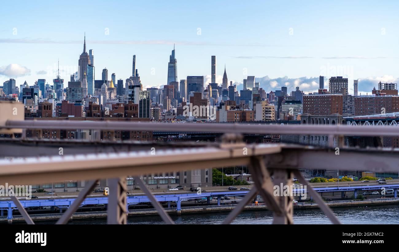 New York City Skyline View from Brooklyn Bridge during Sunrise Stock ...