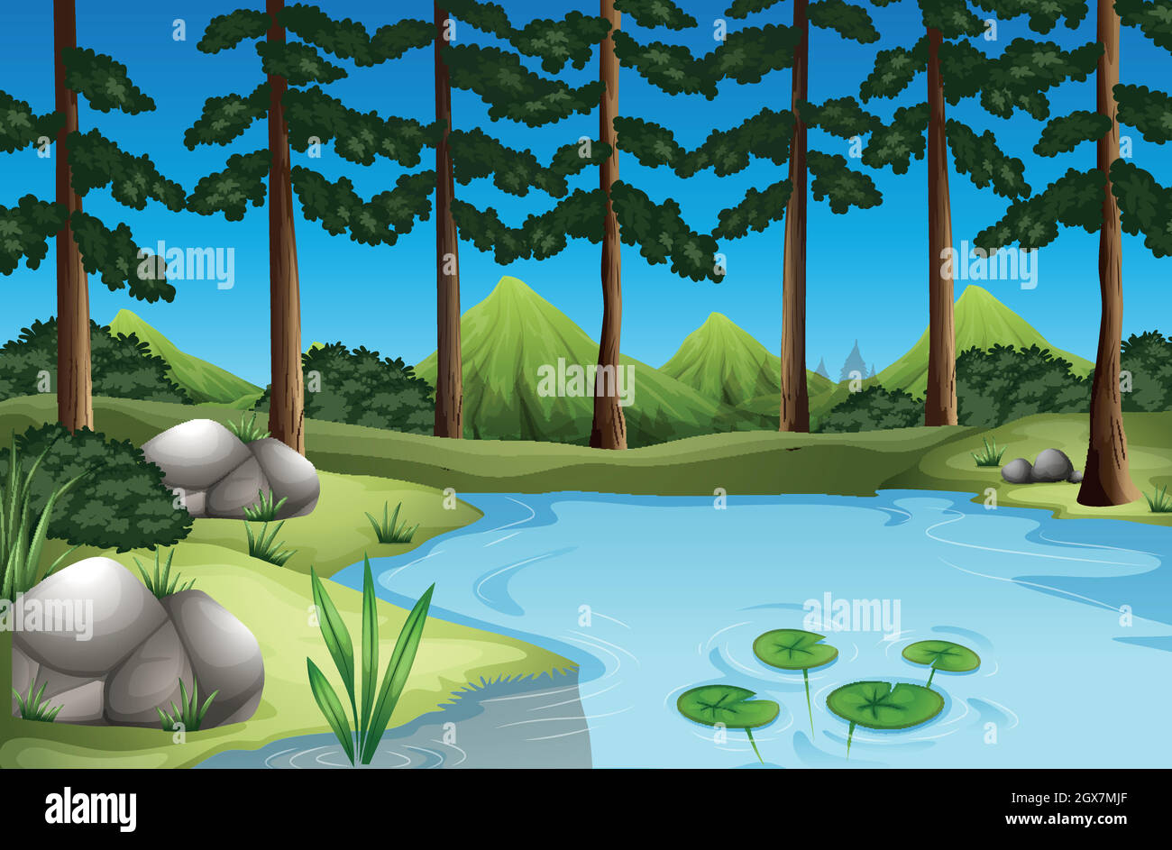 Forest scene with trees and river Stock Vector Image & Art - Alamy