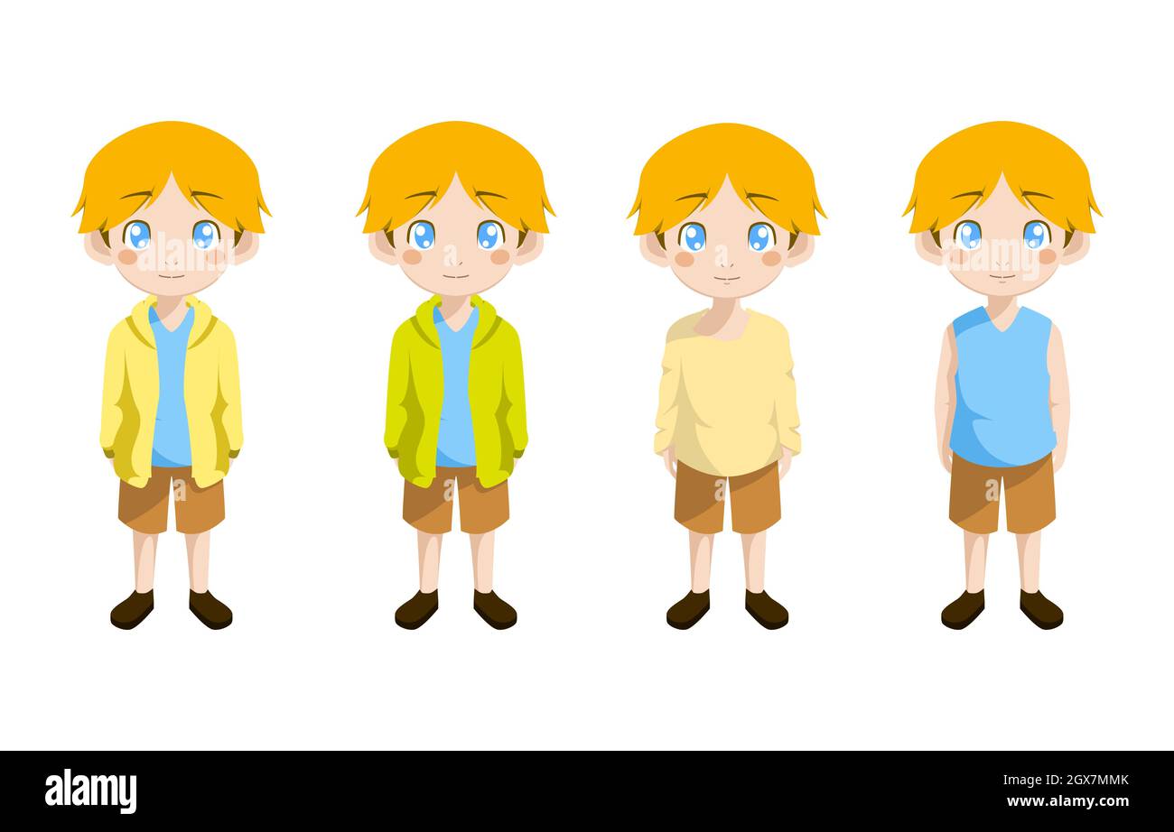 Boy Child Kid Standing Clothes Front View Vector Cartoon Set Stock Vector