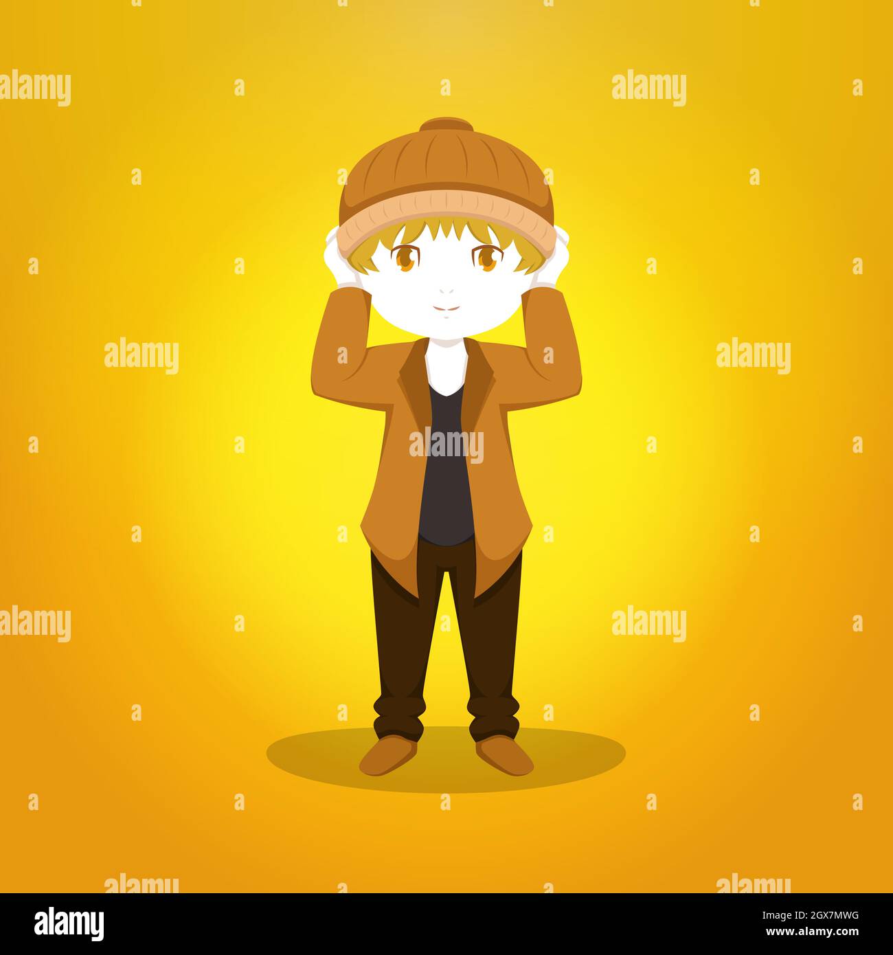 Little Boy Child Kid Standing Hold Hat Front Vector Cartoon Stock Vector