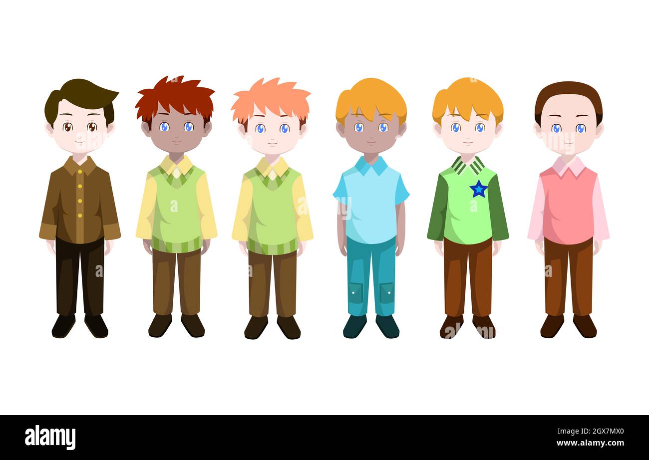 Cute Boy Child Kid Standing Front View Vector Cartoon Set Stock Vector