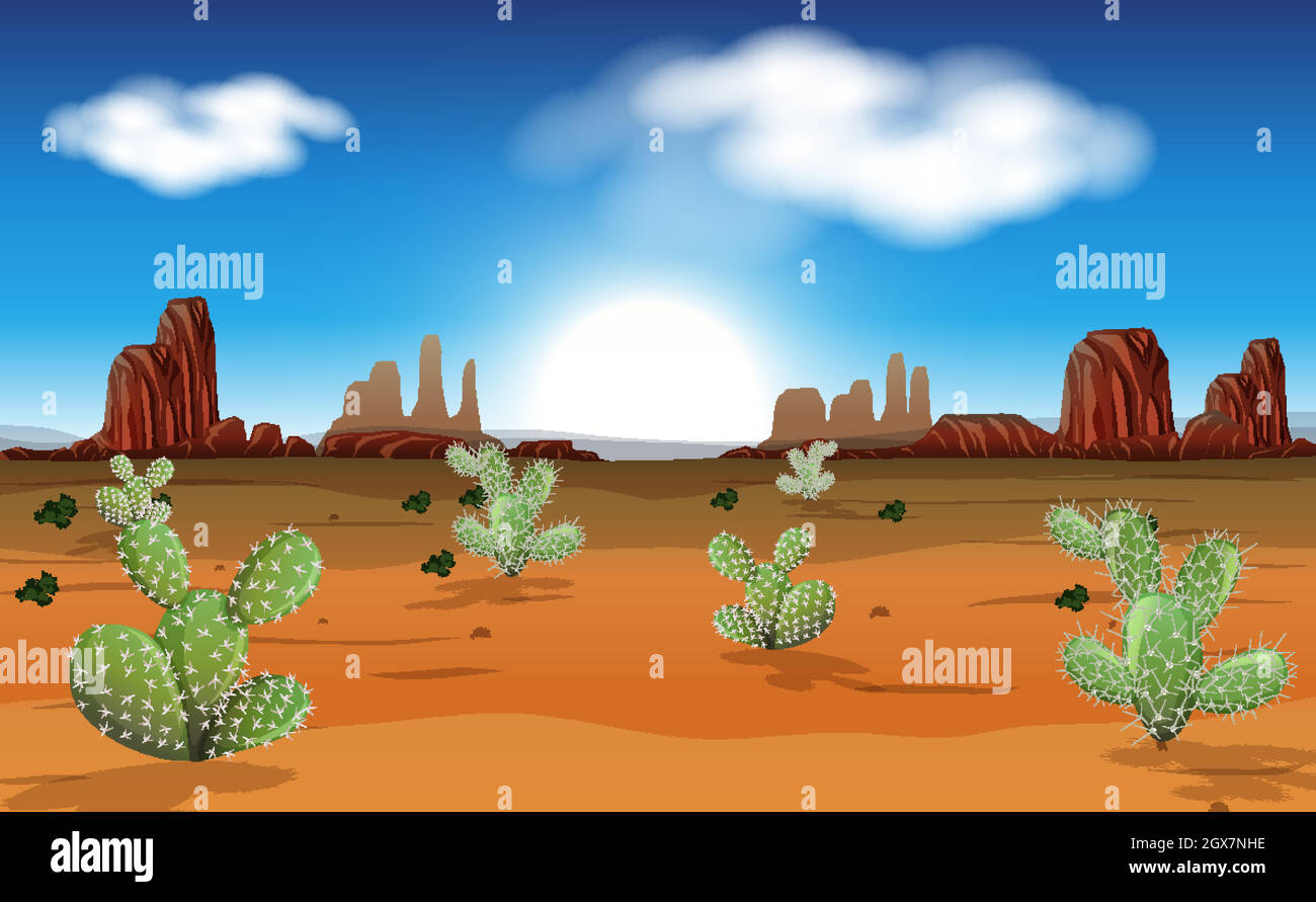 Desert with rock mountains and cactus landscape at day time scene Stock ...