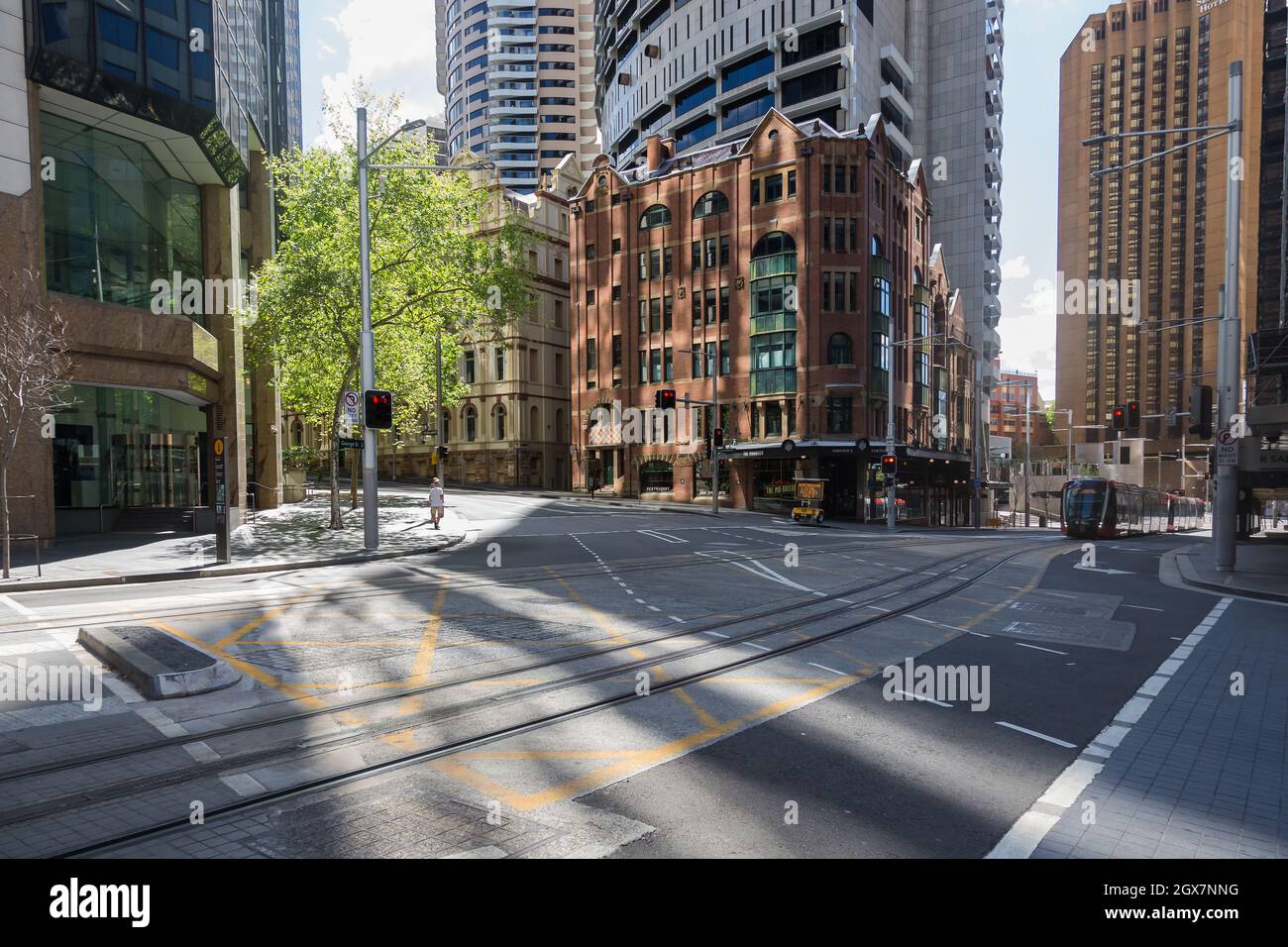 Sydney, Australia. Monday, 4th October 2021. The Sydney central business district is still very quiet as Sydney prepares to reopen once the 70% full vaccination target is reached by Monday 11th October. General views George Street. Credit: Paul Lovelace/Alamy Live News Stock Photo