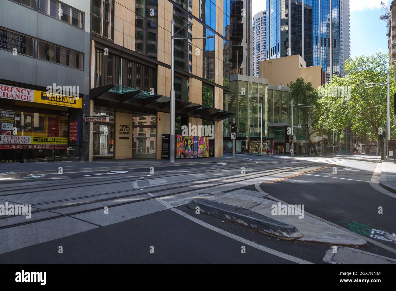 Sydney, Australia. Monday, 4th October 2021. The Sydney central business district is still very quiet as Sydney prepares to reopen once the 70% full vaccination target is reached by Monday 11th October. General views George Street. Credit: Paul Lovelace/Alamy Live News Stock Photo